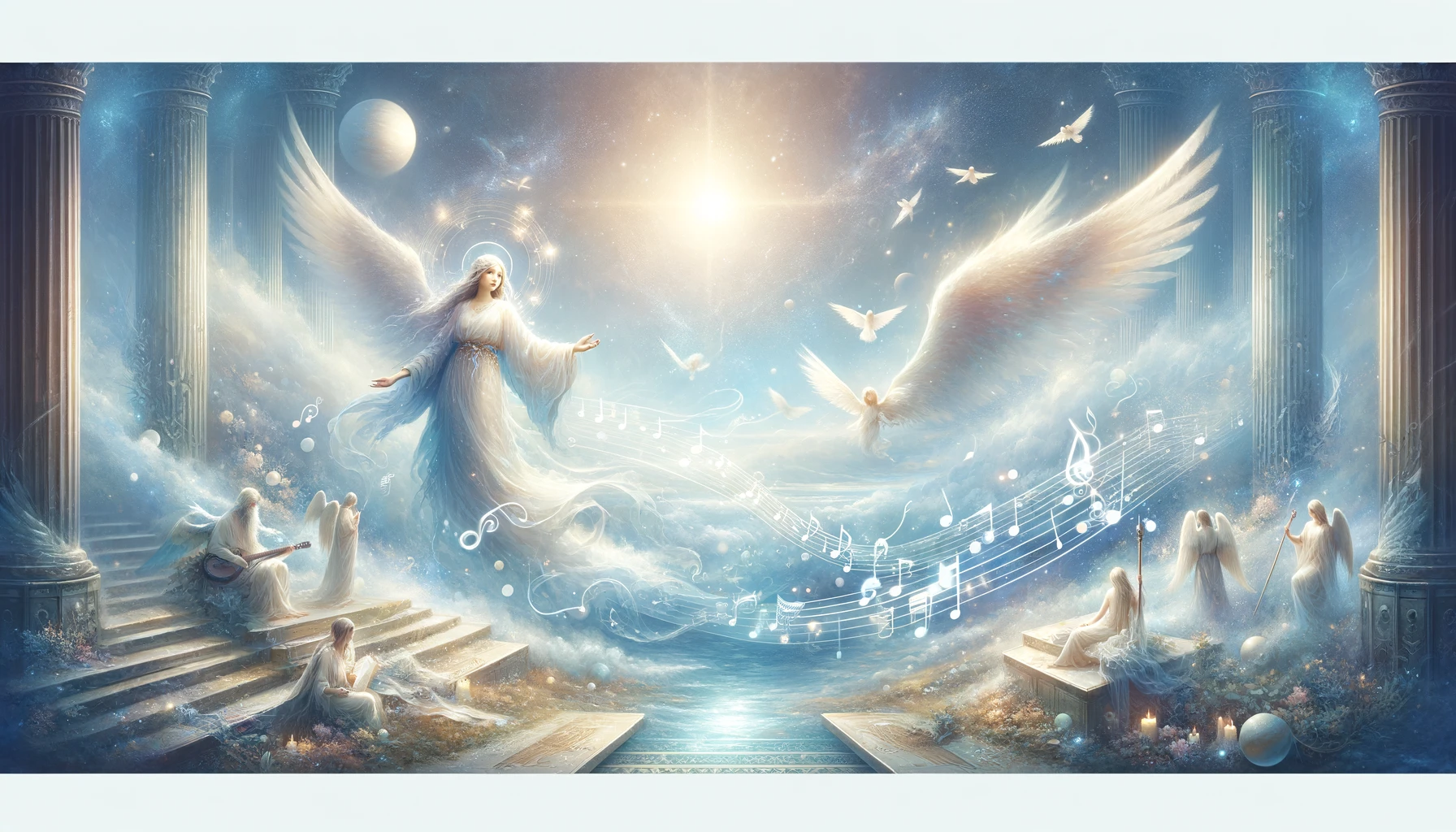 Scène céleste avec des anges jouant de la musique et chantant de la louange et Adoration Chrétienne dans un paysage éthéré, symbolisant la création musicale divine à travers la connexion spirituelle.